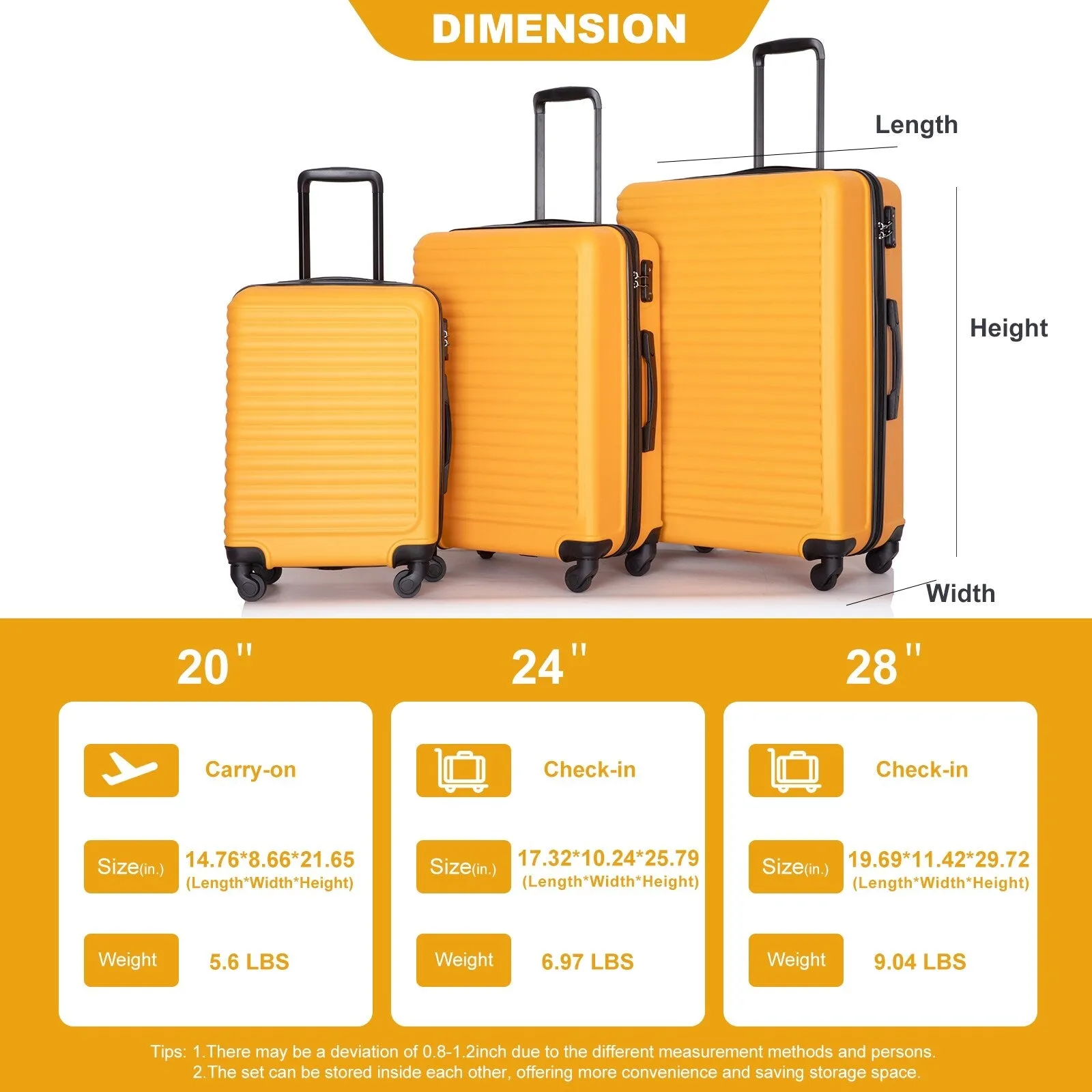 3-Piece ABS Luggage Set with TSA Lock and Spinner Wheels