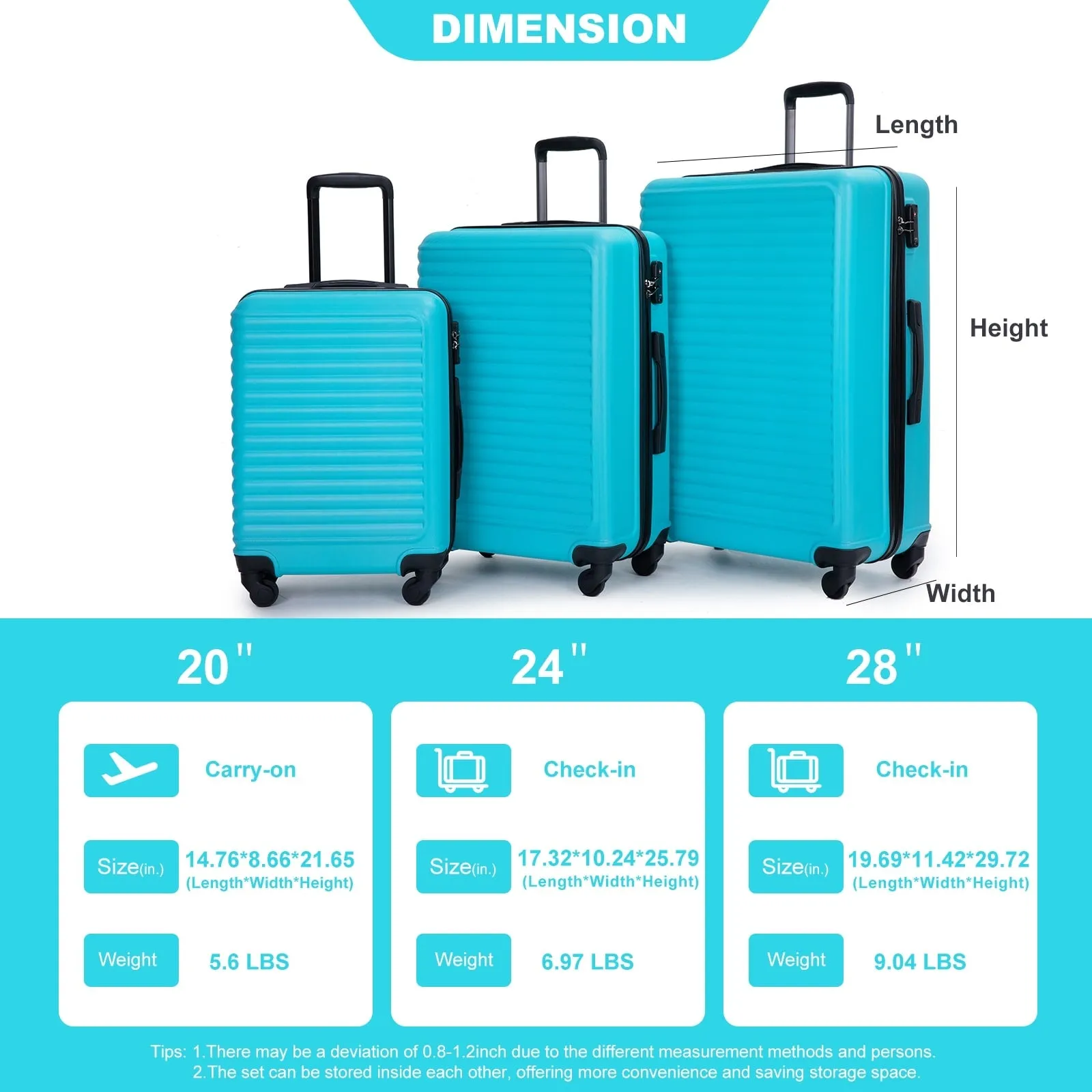 3-Piece ABS Luggage Set with TSA Lock and Spinner Wheels