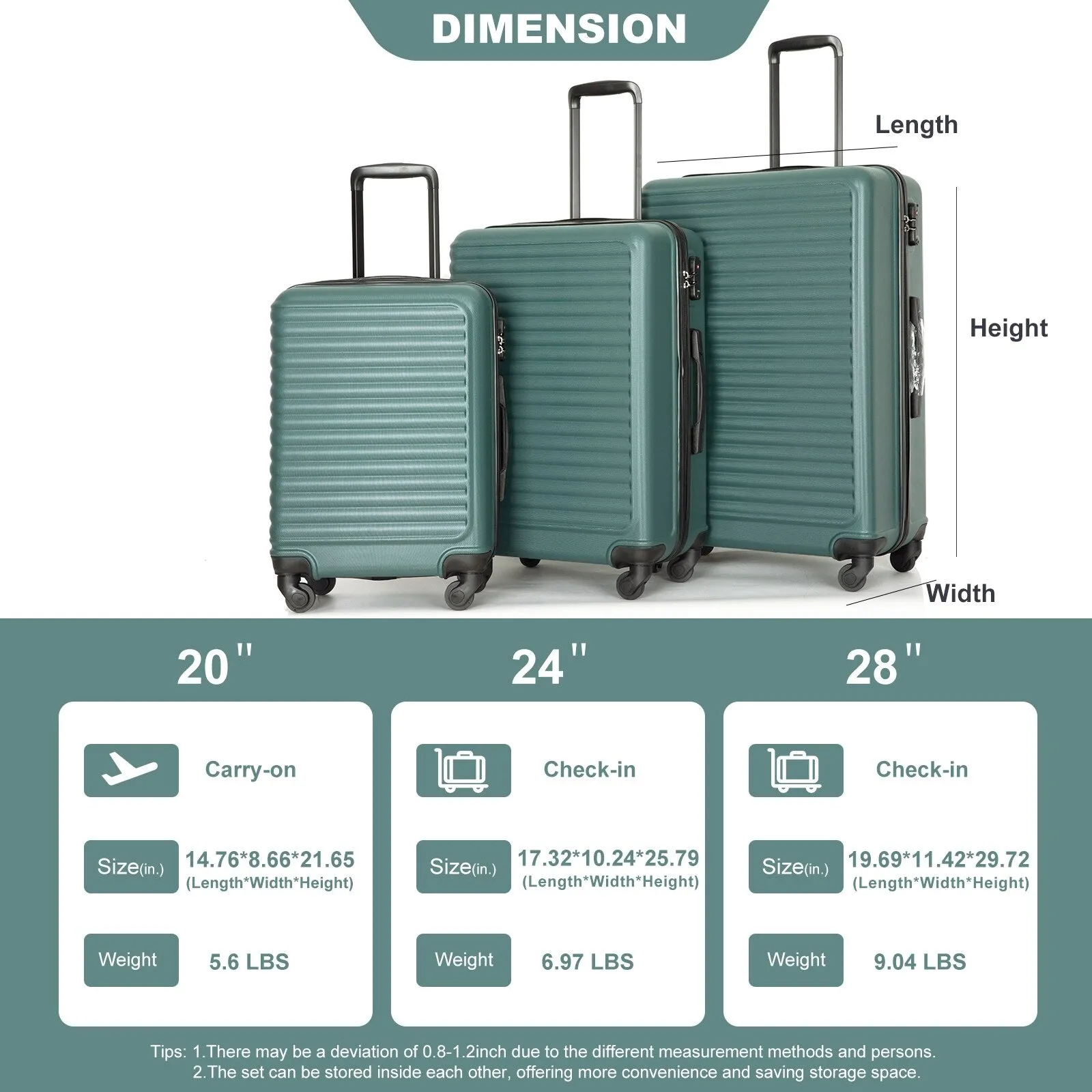 3-Piece ABS Luggage Set with TSA Lock and Spinner Wheels