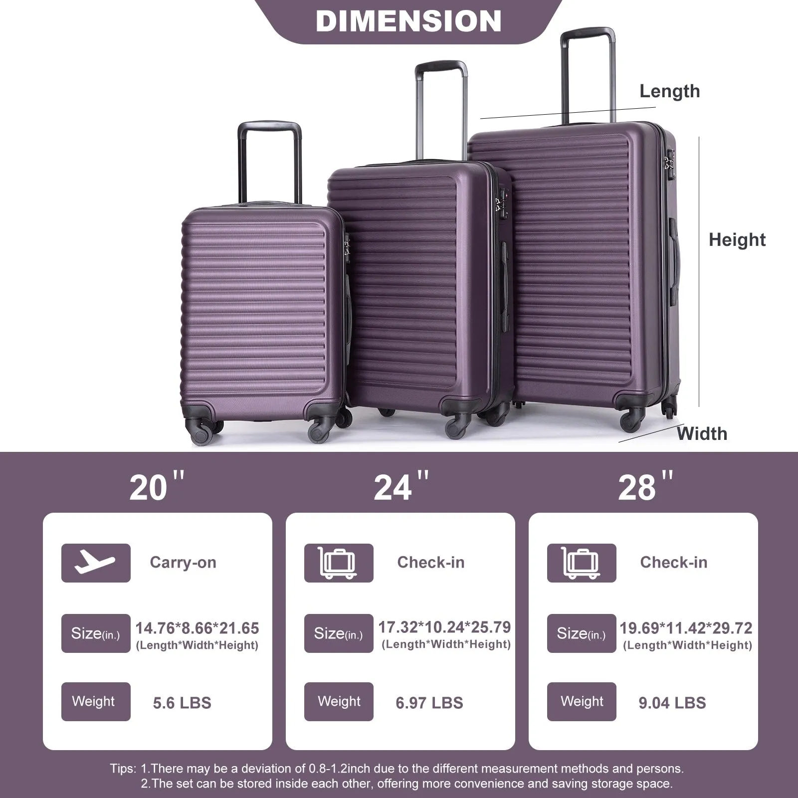 3-Piece ABS Luggage Set with TSA Lock and Spinner Wheels