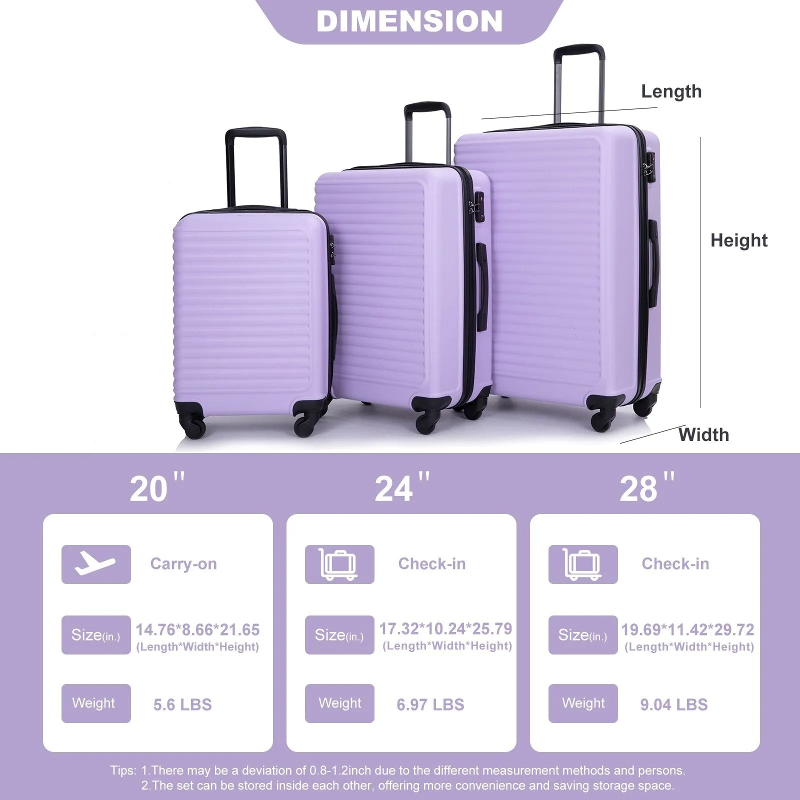 3-Piece ABS Luggage Set with TSA Lock and Spinner Wheels
