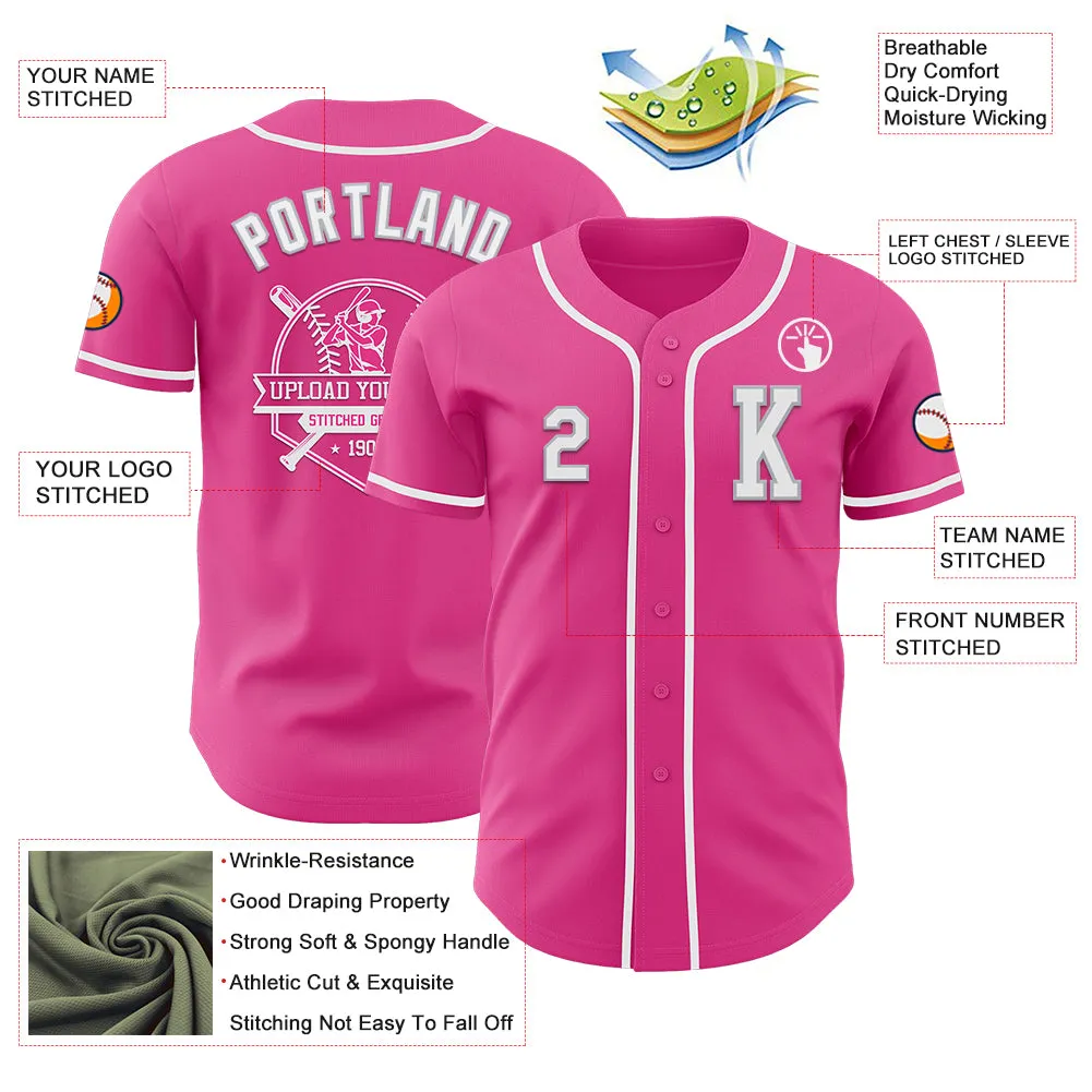 Custom Pink White-Gray Authentic Baseball Jersey
