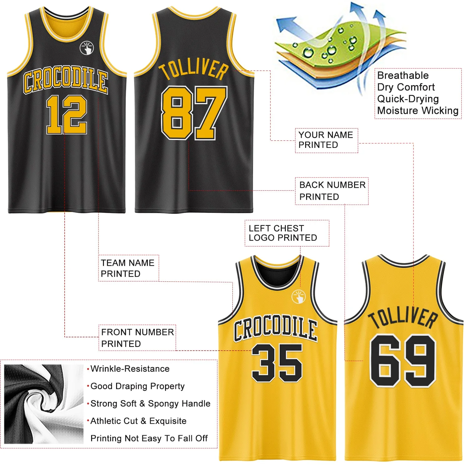 Custom Reversible Black Gold-White Double Side Basketball Jersey