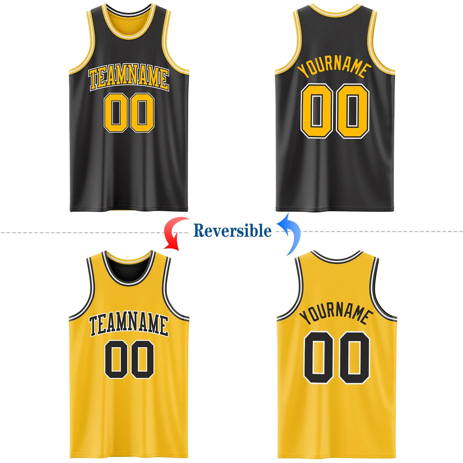 Custom Reversible Black Gold-White Double Side Basketball Jersey