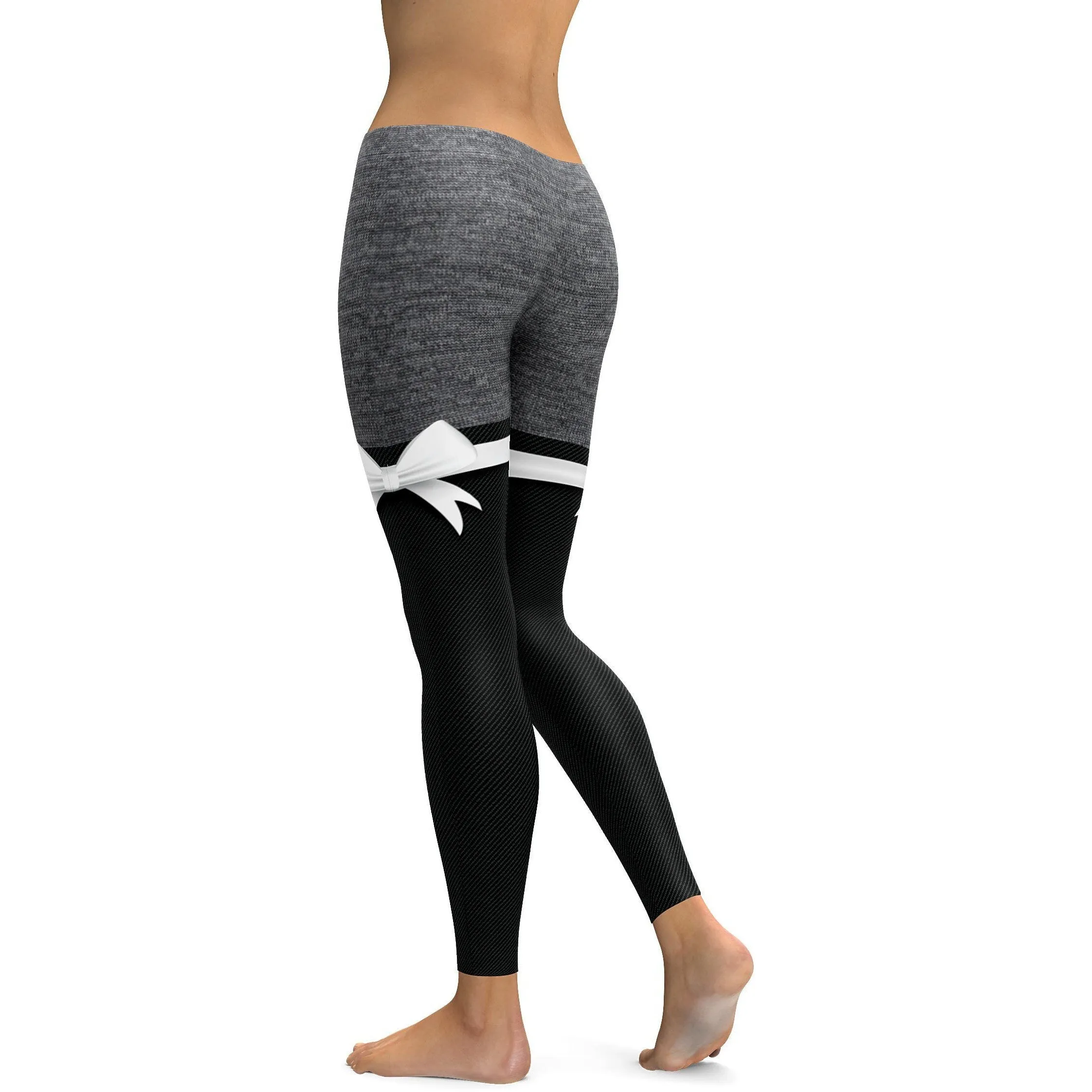 Grey Heathered Thigh High Bow Leggings