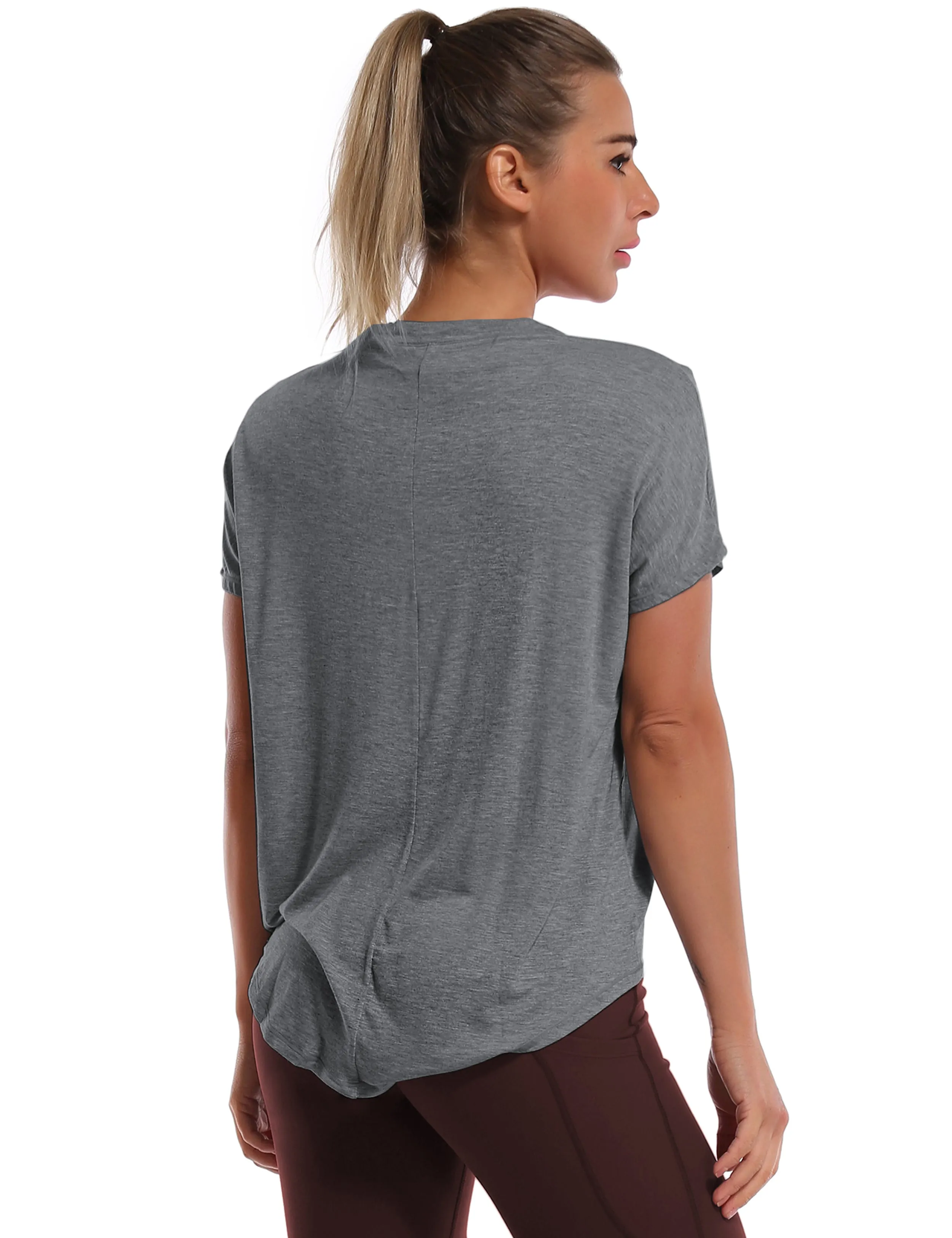 Hip Length Short Sleeve Shirt heathercharcoal_yogastudio
