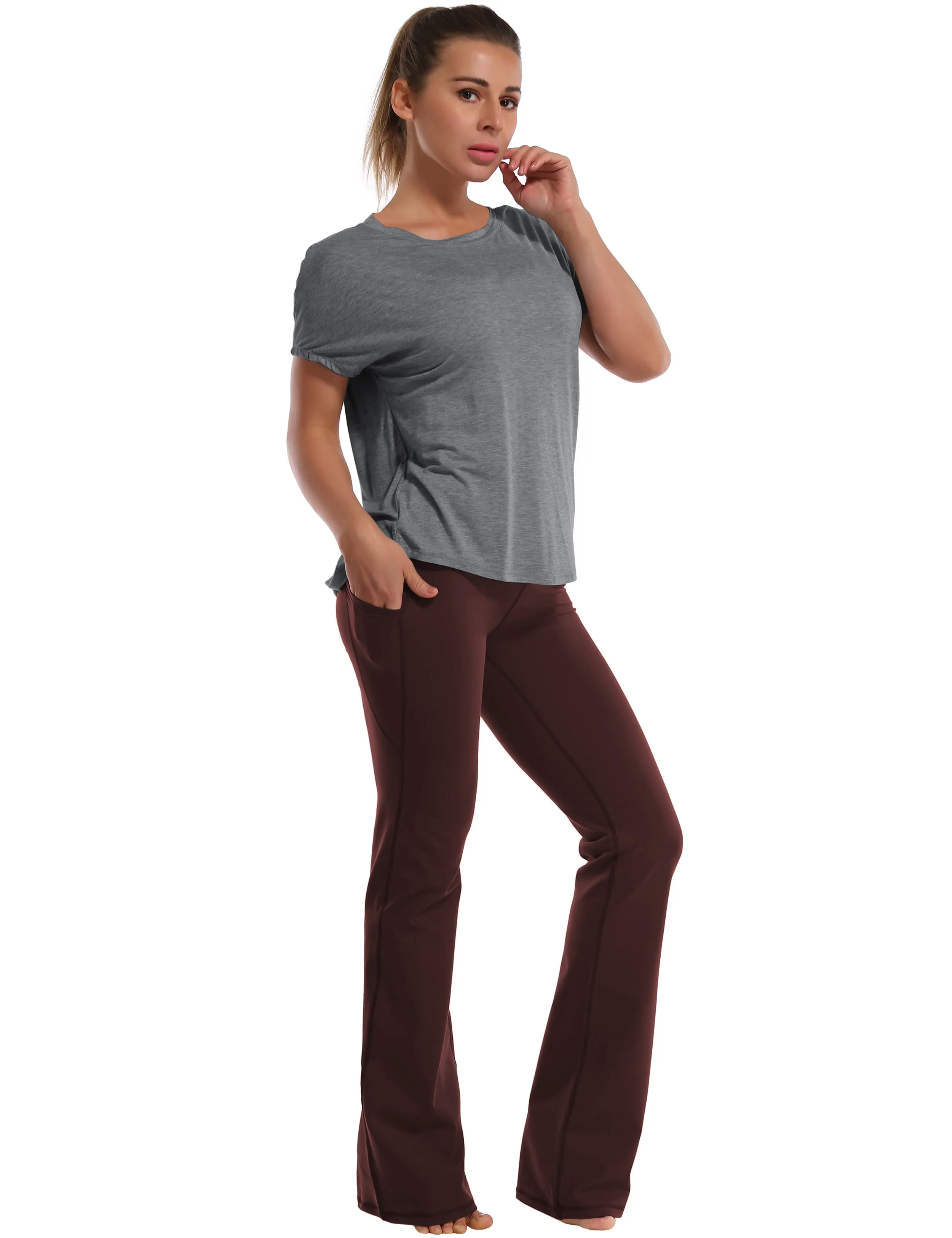 Hip Length Short Sleeve Shirt heathercharcoal_yogastudio