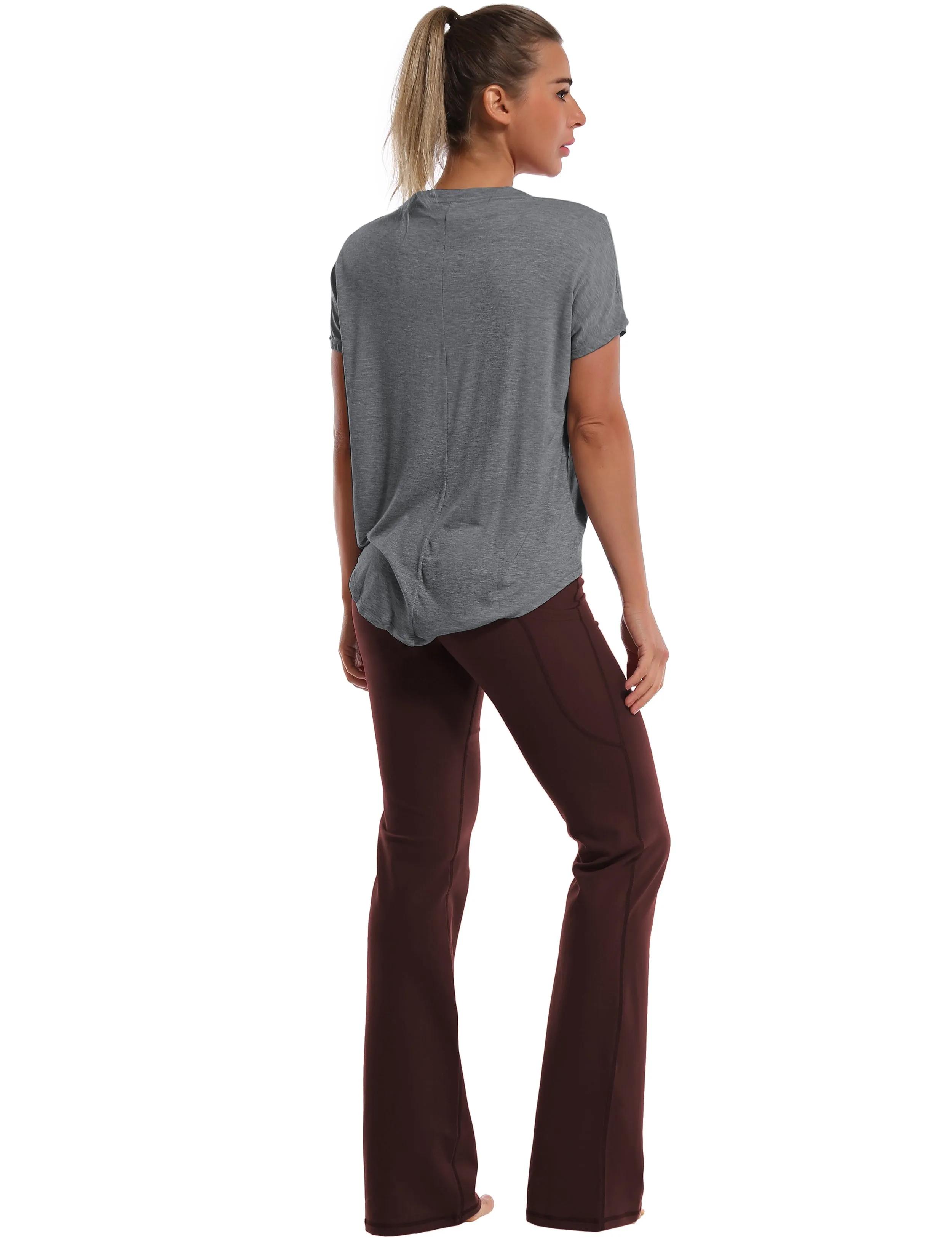 Hip Length Short Sleeve Shirt heathercharcoal_yogastudio