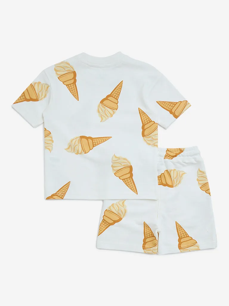 HOP Kids White Ice-Cream Design Cotton T-Shirt with Shorts Set