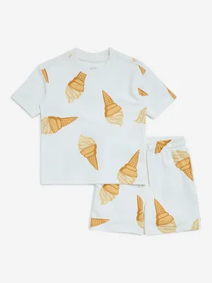 HOP Kids White Ice-Cream Design Cotton T-Shirt with Shorts Set