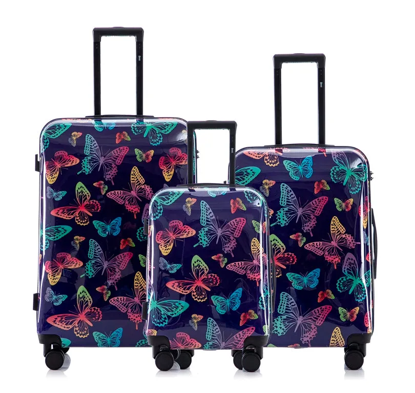 Multi-color Design ABS Hard Shell Lightweight with 360° Dual Spinning Wheels & Combo Lock – Includes 28", 24", 20" 3-Piece Luggage Set - Butterfly