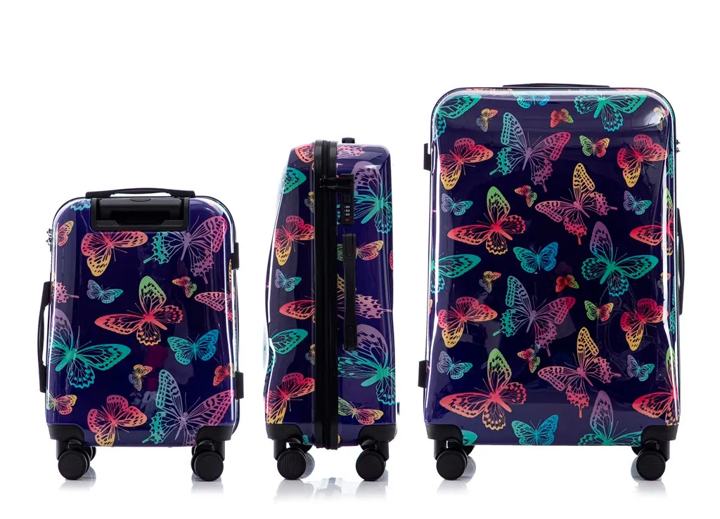 Multi-color Design ABS Hard Shell Lightweight with 360° Dual Spinning Wheels & Combo Lock – Includes 28", 24", 20" 3-Piece Luggage Set - Butterfly