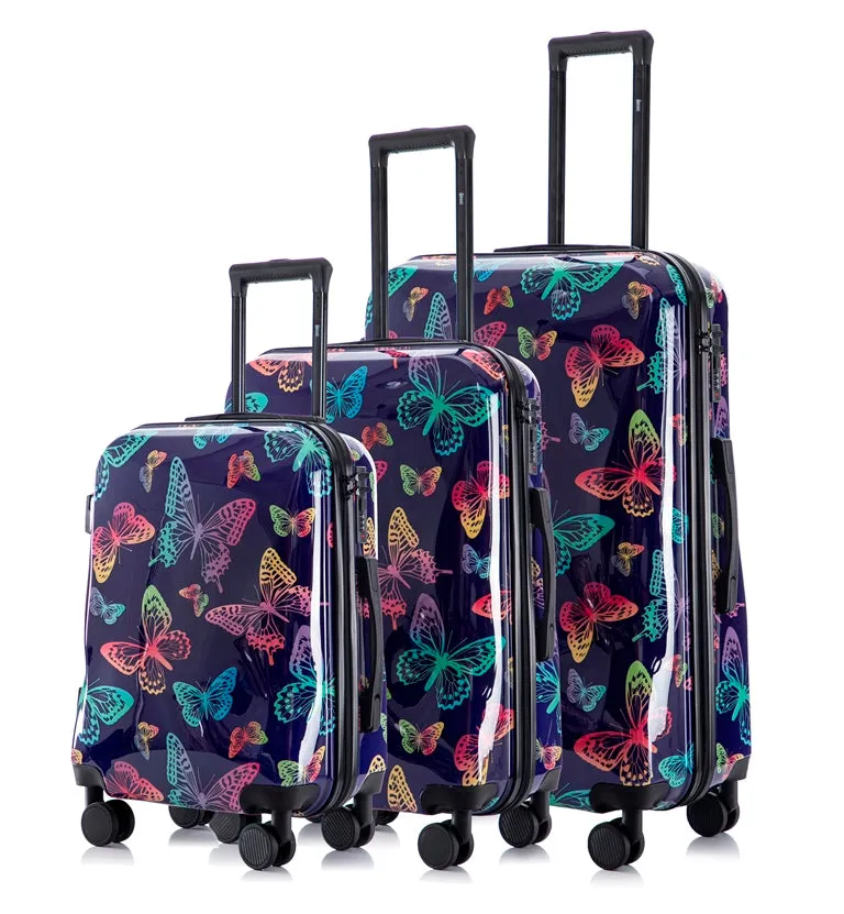 Multi-color Design ABS Hard Shell Lightweight with 360° Dual Spinning Wheels & Combo Lock – Includes 28", 24", 20" 3-Piece Luggage Set - Butterfly