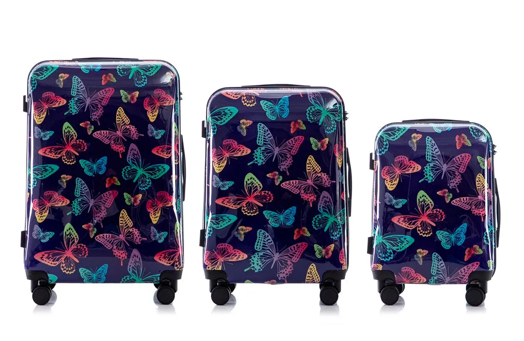 Multi-color Design ABS Hard Shell Lightweight with 360° Dual Spinning Wheels & Combo Lock – Includes 28", 24", 20" 3-Piece Luggage Set - Butterfly
