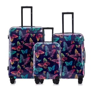 Multi-color Design ABS Hard Shell Lightweight with 360° Dual Spinning Wheels & Combo Lock – Includes 28", 24", 20" 3-Piece Luggage Set - Butterfly