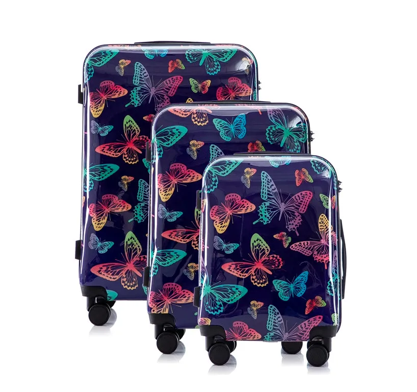 Multi-color Design ABS Hard Shell Lightweight with 360° Dual Spinning Wheels & Combo Lock – Includes 28", 24", 20" 3-Piece Luggage Set - Butterfly
