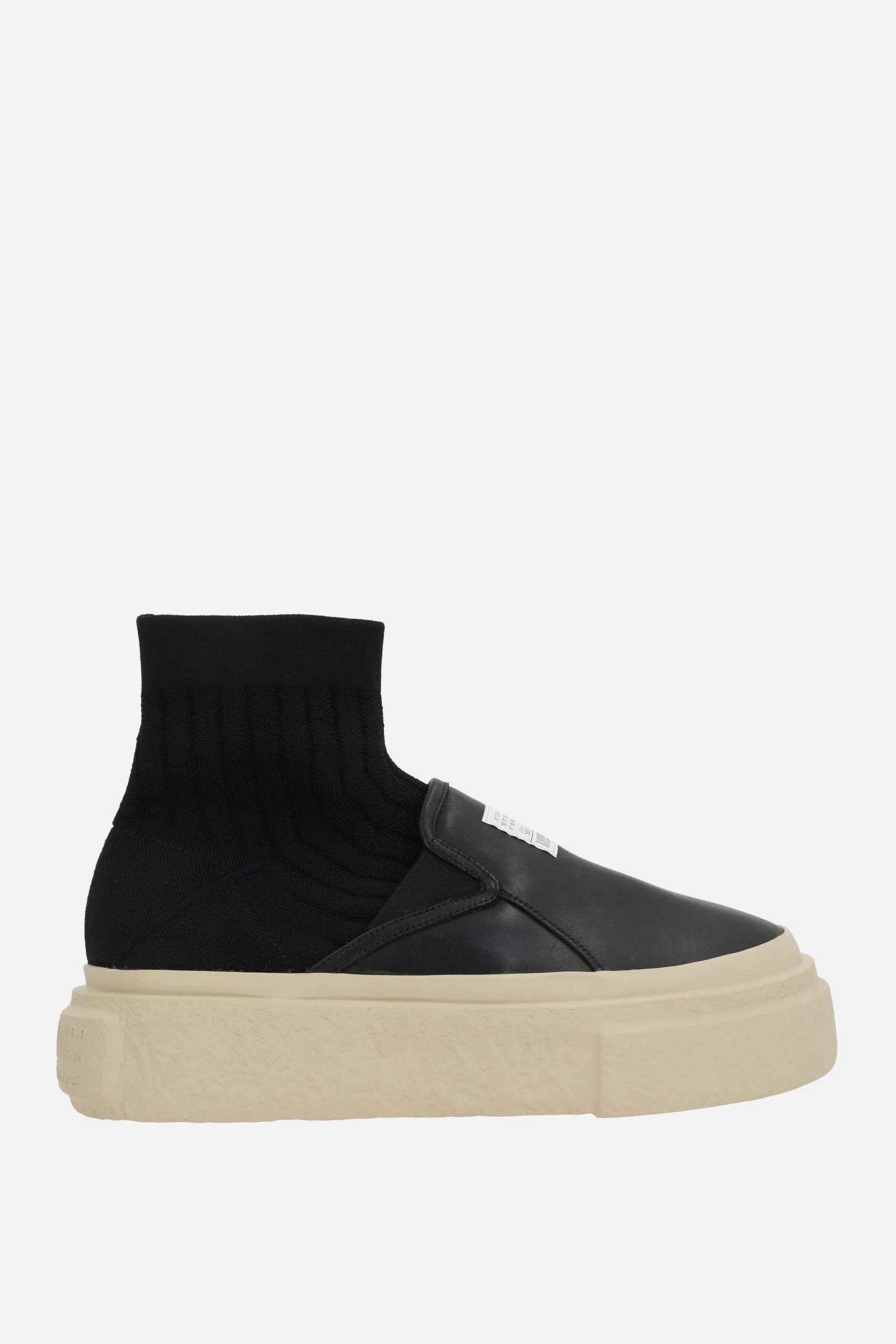 pull-on sneaker in leather and stretch knit