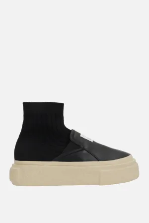 pull-on sneaker in leather and stretch knit