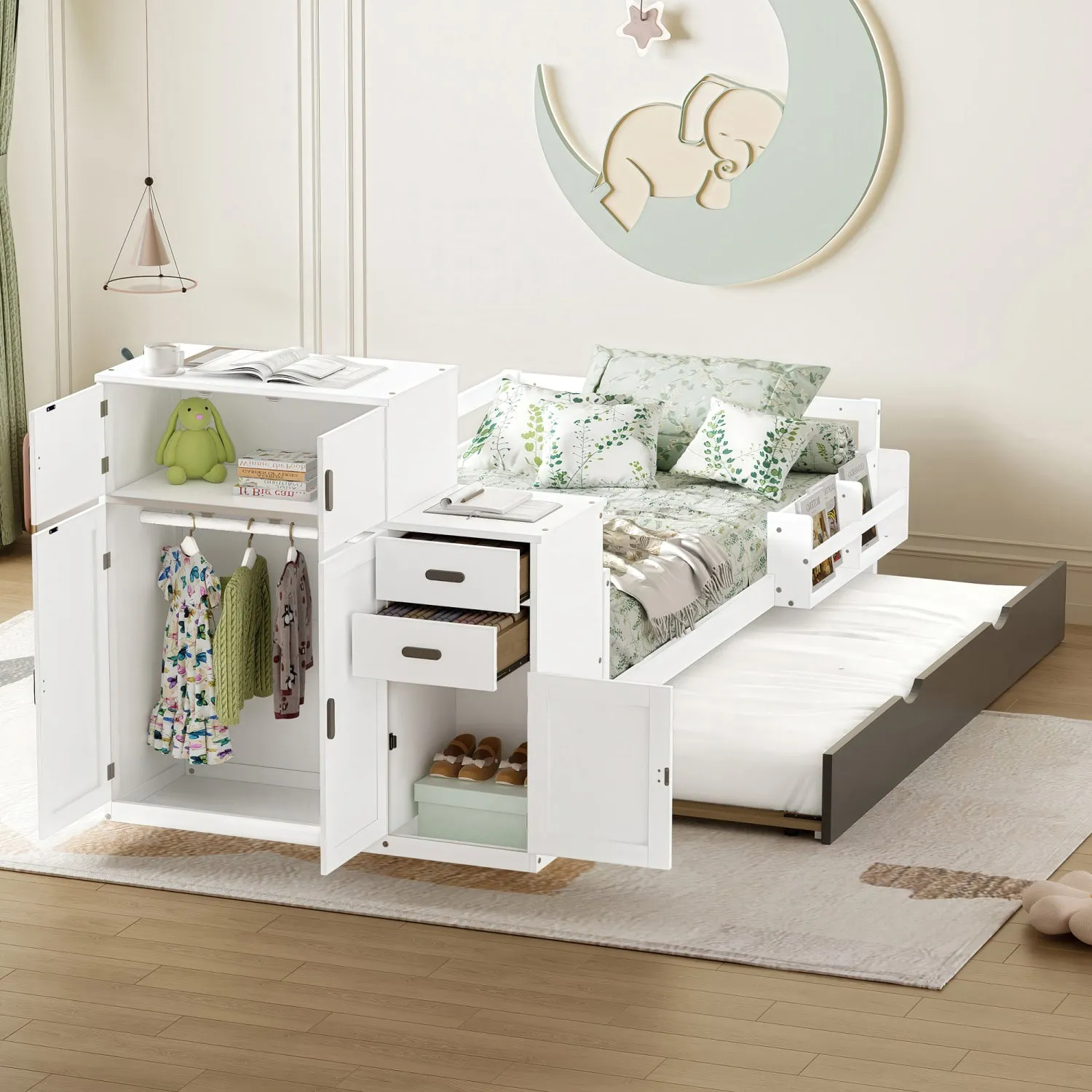 Streamdale Twin Platform Bed with Bookshelf & Trundle