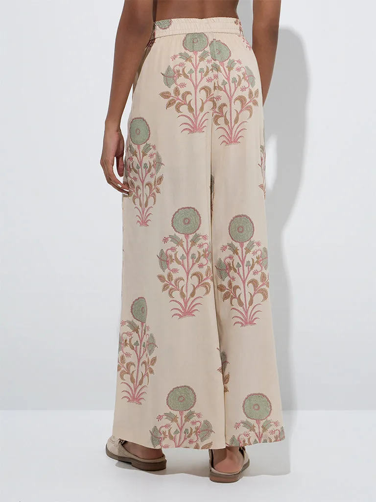 Zuba Off-White Floral Design Palazzos