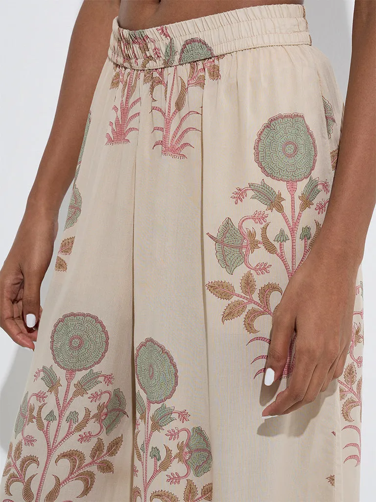 Zuba Off-White Floral Design Palazzos
