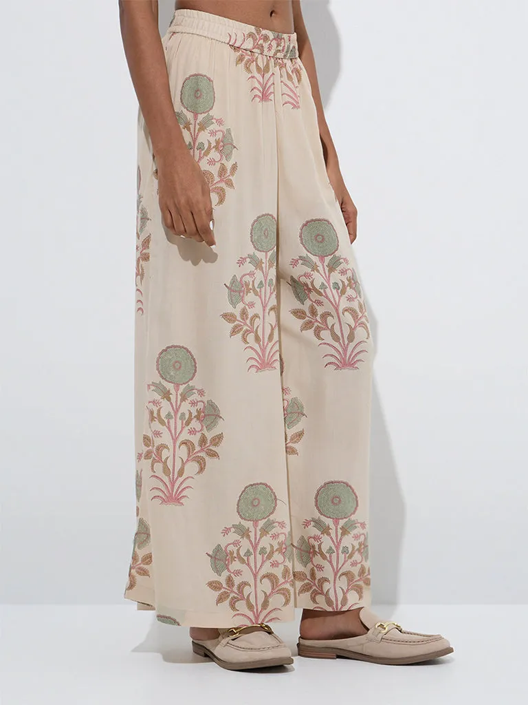 Zuba Off-White Floral Design Palazzos